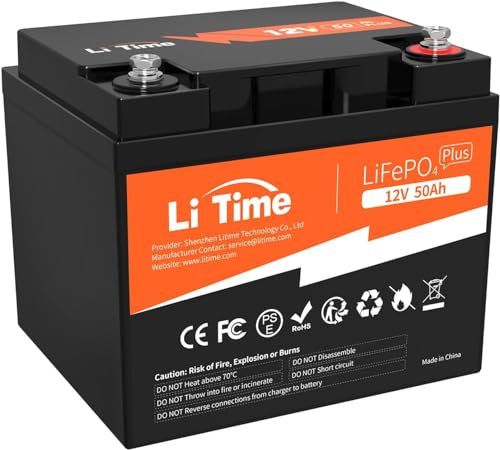 Litime Batteria Litio 12V 50Ah Incorporato 50A BMS, MAX Potenza 640W, Batteria LiFePO4 12V 5000+ Cicli e 10 Anni Di Vita Utile, Perfetta per Caravan, Camper, Barca, Off-grid, Sistema Solare