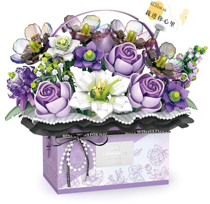 RSDHFLY Rosen Bonsai Bausatz,Blumen Baustein DIY Blumenstrauß Set,Handheld Geschenkbox, für Erwachsene und Kinder (Lila)