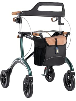 Saljol Carbon Rollator in Vollausstattung, 5,6 kg Leichtgewichtrollator mit Sitz, Rückengurt, Tasche, Stockhalter, Klingel und LED-Licht | faltbare Outdoor-Gehhilfe, Sitzhöhe 62 cm, Grün
