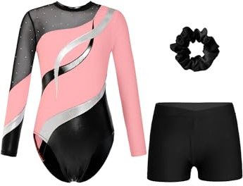 Alvivi Kinder Mädchen Turnanzug Glitzer Gymnastikanzug mit Kurze Hose Haarband Langarm Ballettanzug Gymnastikbody Turntrikot Wettbewerb Tanzkostüm