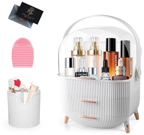 UCAMP Make-up-Organizer mit Reinigungsutensilien und Bürstenhalter–Kosmetikbox aus Kunststoff 3 Ebenen mit Griffen und transparentem Deckel,wasserdichte und staubdichte Kosmetik-Vitrin