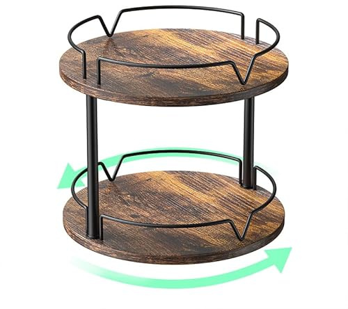 KLM 12 Wood Lazy Susan, Rotating Spice Rack, 2 Tier Spice Turntable Organizer, Industrial Turntable Spice Holder, for Kitchen Countertop and Cabinet, Compact and Versatile, Rustic Brown