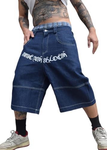 ORANDESIGNE Pantaloncini Uomo Jeans Corti Gamba Larga Hipster Baggy Jeans Streetwear Hip Hop retrò Pantaloni da Skate A Blu XL