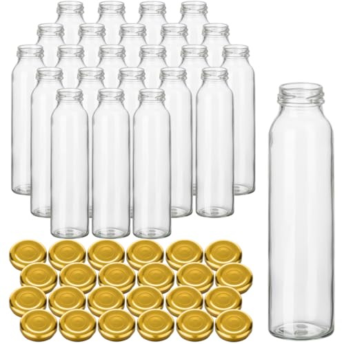 gouveo 24er Set Glasflasche 300 ml (0,30 l) Glasflasche 300 ml Smoothie rund mit goldfarbenem Twist-Off Schraubdeckel, leere Saftflaschen zum Abfüllen & Aufbewahren (SF300G)