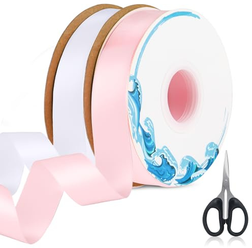 iulrtba 45m*25mm Satinband Rosa, Satinband Weiss, 2 Stück Geschenkband Schleifenband Rosa & Schleifenband Weiß, Geschenkband Weiss mit Schere für Geschenkverpackung, Geburtstag Und Hochzeitsdekoration