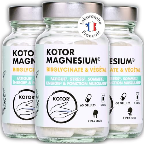 Lot de 3 MAGNESIUM BISGLYCINATE | 100% Naturel et Francais | Fatigue, Stress, Sommeil, Sport | + Laitue de Mer + Vitamine B6 + Taurine | 60 Gélules | Laboratoire KOTOR PHARMA