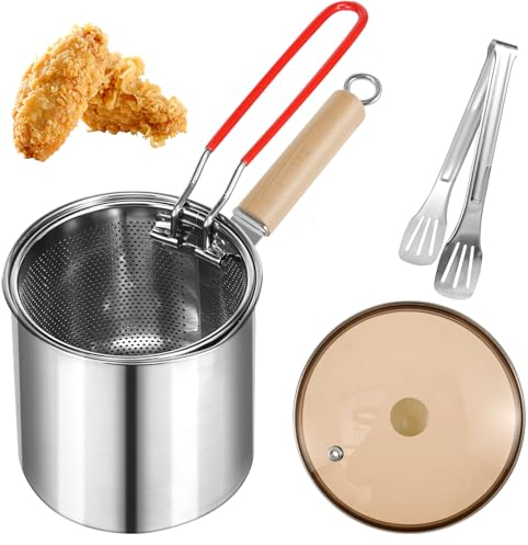 Friteuse à Huile, Friteuse Acier Inoxydable avec Panier à Friture, Pinces et Vitre Couvercle, 3 L, 16.5 * 15cm, Mini Friteuse, Friteuse Inox Traditionnelle, Friteuse du Nord Acier Emaillé