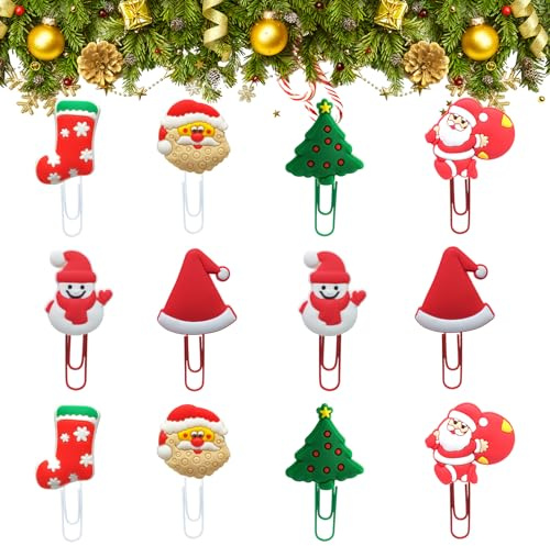 12 Stücke Weihnachts Büroklammern Motiv Lesezeichen Junge lustige Paperclip Lesezeichen Weihnachtsmann Schneemann Büroklammern Bunt für Kinder Teens Jungen Mädchen Studenten