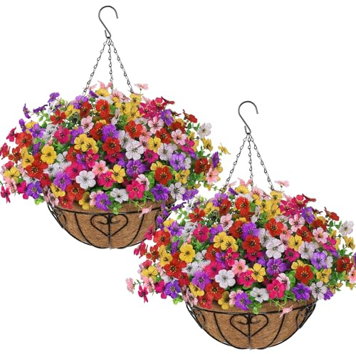 Weldomcor Home Decoration Multicolore Silk Flower Plant DIY Chain Hanging Basket Flower Pot Multicolor Artificial Violets Fake Flowers for Parlor Garden Wedding Patio Porch Deck Yard Decoration, 2 Set