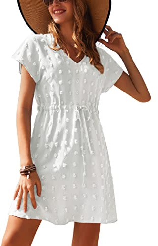 Ekouaer Women's Bathing Suit Cover Up Casual Short Sleeve Beachwear Swimsuit Bikini V-Neck Casual Beach Dress Swiss Dot Cover Ups for Women Beachwear White XXL