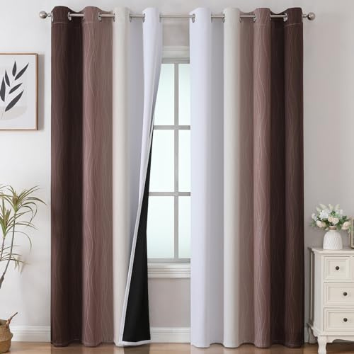 VEHEDE Braun Weiß Farbverlauf Ombre Schallschutz Blickdichte Vorhänge Wohnzimmer, Thermovorhang Hitzeschutz Gegen Kälte Gardinen mit Ösen, Raumteiler Verdunklungsvorhänge, H 244 x B 132 cm, 2er Set