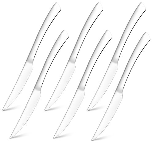 Joyfair Steak Knives Set of 6, Stainless Steel Serrated Steak Knife Set, Sharp Dinner Table Utensils with Ergonomic Handle Ideal for Cutting Chicken/Fruit/Bread, Rust Free & Easy Clean, 23cm