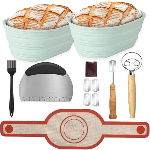 Sourdough Starter Kit-Banneton Bread Proofing Basket Baking Kit,2pcs 10 Inches Oval Silicone Sourdough Proving Banneton Bread Making Accessories with Bread Lame,Dough Scraper,Dough Whisk