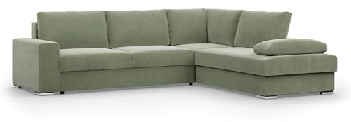 Mebligo - Ecksofa mit Schaffunktion und Betkasten 287 cm Breit VELANO, Eckcouch, L Shaped Sofa, Big Sofa, Komfort und Still, Wohnlandschaft L-Form, L Couch mit Schlaffunktion - Cord Couch Grün