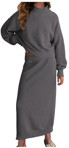 Set da donna a due pezzi, a collo alto, a maniche lunghe, maglione, a maglia, maxi, gonna lunga, tuta estiva da donna, lunghezza al ginocchio, 42, grigio., S