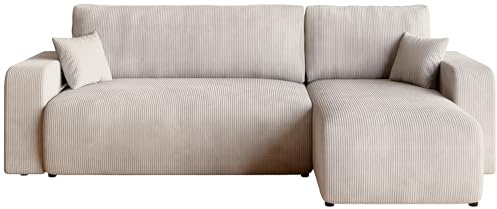 BROMARKT Ecksofa mit Schlaffunktion Kissen und Bettkasten L-Form Vanilla | Schlafsofa mit Bettkasten 244x148x82cm Sofa Couch Sofabett freistehend Cord 3 sitzer Eckcouch für Wohnzimmer PUMI L