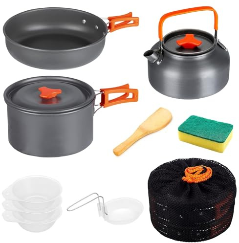 Set di pentole da campeggio, 10 pezzi, portatile, in alluminio, con custodia, set da cucina da campeggio, kit da campeggio, per 3 o 4 persone, campeggio, escursionismo, picnic
