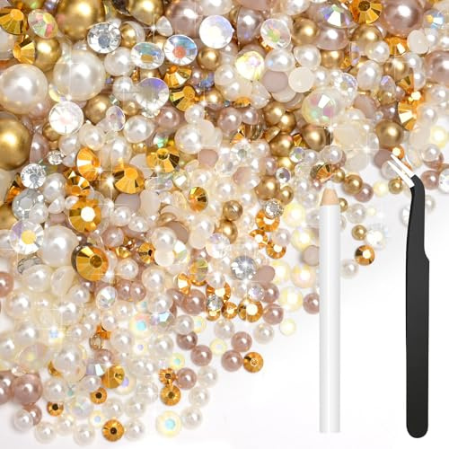 Bouiexye 80g Mix Halbperlen und Glitzersteine für Kunsthandwerk Champagner Gold Strasssteine für Kleidung Basteln Gesicht Nagelkunst Flaschen Becher Schuhe Geschenke DIY Schillernd (2–10 mm)