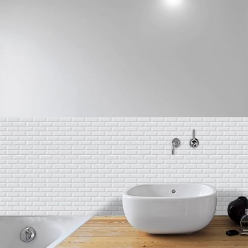 Panneau Mural Salle de Bain Pvc Briques Blanches Dalle Pvc Adhesive Murale Credence Adhesive pour Cuisine Imperméable Crédence Adhésive Salle de Bain 15x30cm/40 Pcs