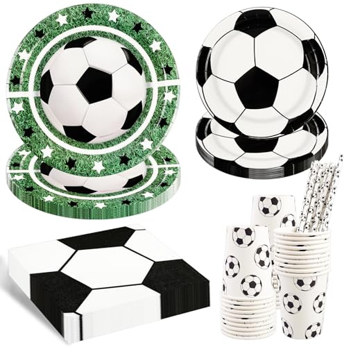 Fußball Partygeschirr Set- 50 Stück Fußball Deko Geburtstag Kinder Fussball Geburtstag Geschirr Teller Becher Servietten Trinkhalm für Fuß-ball Liebhaber Kindergeburtstag 10 Gäste