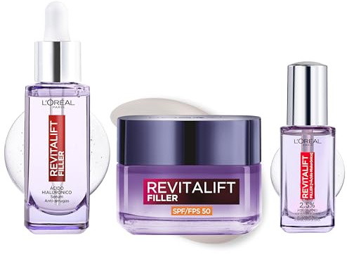 L'Oréal Paris Revitalift Sérum 30ml + Ojos 20ml + Crema Día SPF50 50ml | Trio con Protección Solar y Ácido Hialuronico para Hidratar, Rellenar y Reducir Arrugas, Revitalift