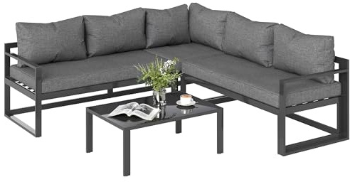 Outsunny 3-TLG. Gartengarnitur Sitzgruppe mit 4-stufig verstellbar Gartenliege Breitem Sitz Gartenmöbel-Set Gartenset mit Beistelltisch Sofa mit Kissen Aluminium Outdoor Grau