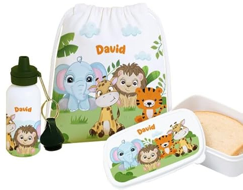 Pack Escolar Infantil Personalizado 3 Piezas – Mochila, Fiambrera y Botella de Aluminio. Vuelta al Cole, Excursiones y Regalo Original para Niños y Niñas. Kit Escolar Completo. (Animales Selva)