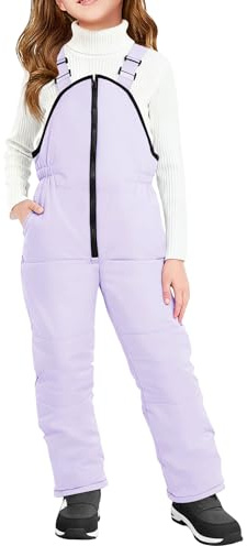 Haloumoning Girls Snow Bibs Kids Fleece Lined Waterproof Ski Pants Overalls with Pockets 4-12 Years Purple