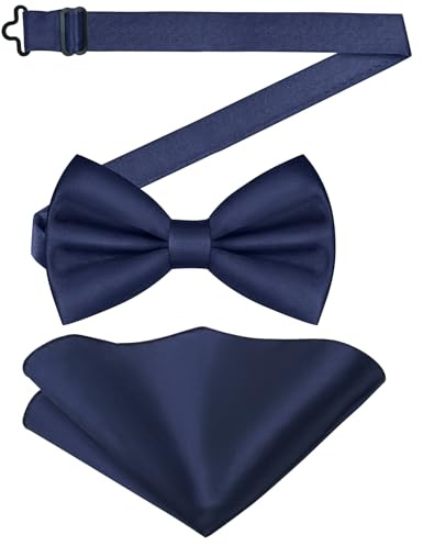 URAQT Men's Bow Tie Set, Classic Solid Color Pre-Tied Bow Tie and Pocket Square Set for Men, Satin Tux Bowtie & Handkerchief, Adjustable Formal Neck Bowtie for Parties, Wedding,Navy Blue