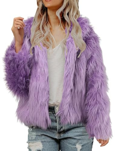 Abrigo de piel sintética para mujer con parte delantera abierta, manga larga, con capucha, chaqueta peluda, ropa de abrigo cálida, chaquetas peludas, Morado (, S