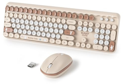 Vumilstek Cute Keyboard and Mouse Combo Wireless, 2.4G Full Size 104-Key Retro Typewriter Keyboards Round Keys for Students Teenagers Home Office PC Laptop(Bunny Milk Tea)