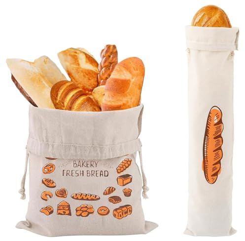 2 PCS Bread Bags for Homemade Bread, Linen Drawstring Bread Storage Bags, Reusable Food Storage for Baguette and Loaf, Keep Bread Fresh, Ideal for Home Bakers and Professional Use