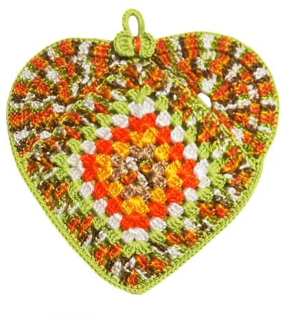 Presina ad uncinetto verde multicolore a forma di cuore in acrilico e cotone 17x18 cm (68PRS) - Made in Italy