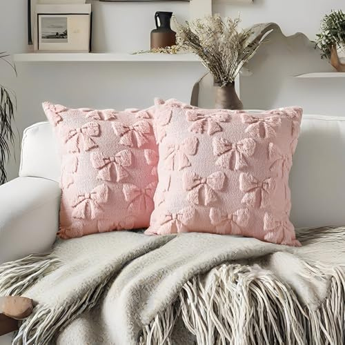 JcvPot 2 Stück Kissen Aesthetic, Schleife Kissenbezug 45x45 cm, Rosa Deko Wohnzimmer Modern Kissenhülle, Weiches Zierkissen Für Schlafzimmer Und Sofa, Stilvolles Geschenk Für Junge Erwachsene