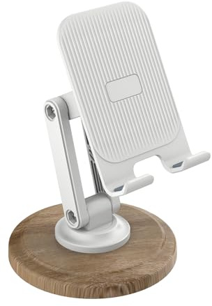 Junyeseri Desk Phone Stand Holder - 360° Rotating, Adjustable & Foldable Wood Pattern Base for iPhone & Smartphones | Universal Cell Phone Stand for Office & Home Use