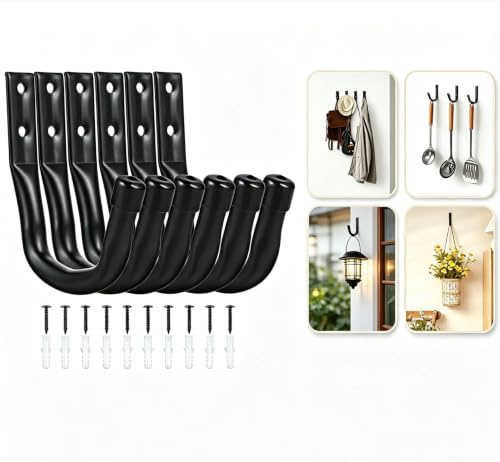 Strehknewen Ganchos de Pared Garaje 6 Piezas, Ganchos Organizadores para Bicicleta, Escalera, Herramientas de Jardín, Manguera y Herramientas, con Tornillos y Tacos, Negro