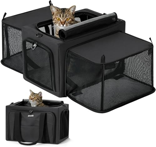 Pecute Transportbox Katze für Katzen & Kleine Hunde, Erweiterbar, Dunkelgrau