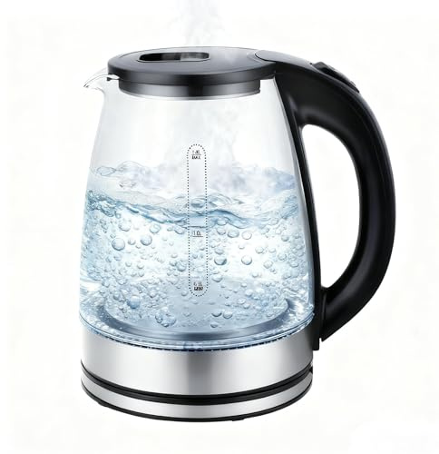 ZHODADA Glass Electric Kettle, 1500 Watt 1.8L Multi-Use Water Kettle with Blue LED, Heat- Resistant Glass, BPA- Free,Stainless Steel Base & Overheating Protection,Fast and Quiet Boil,UK Plug Black
