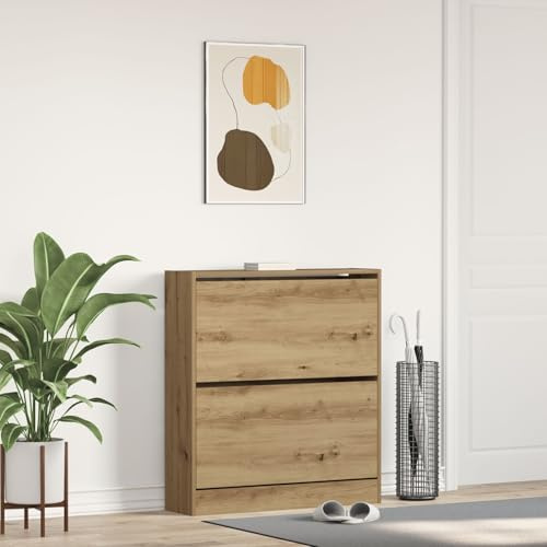 SKTQYQO Zapatero moderno de roble ahumado con puertas correderas y cajón abatible, 80 x 21 x 87,5 cm, dos estantes espaciosos para organización de zapatos, diseño elegante y construcción
