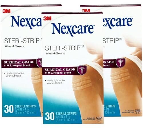 Nexcare Steri-Strip Wound Closure Strips, 3 Pack (90 Count), 1/4 in x 4 in (6 mm x 100 mm), Breathable Hypoallergenic Skin Closures, Latex-Free, First Aid Wound Support After Sutures or Staples
