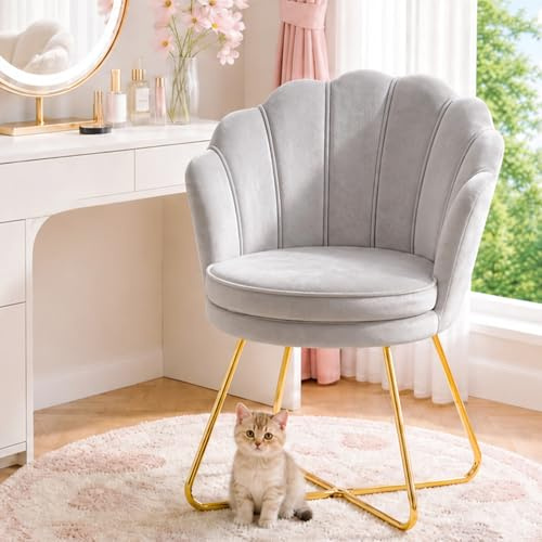 Hellove Esszimmerstühle Schminktisch Stuhl aus Samt, Schminkstuhl Muschel Stuhl mit Gold Metallbeinen, Grau Vanity Sessel, Elegant Loungesessel, Armlehnstuhl für Schlafzimmer & Wohnzimmer