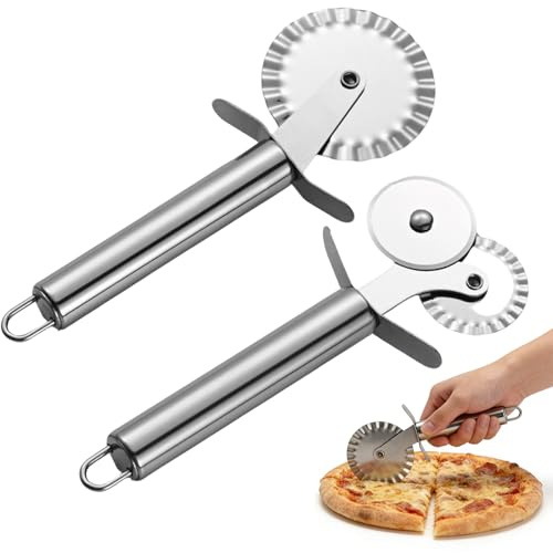 2 Stück Teigrädchen Set, Gewellt Teigschneider und Doppelrad-Pizzaschneider | Edelstahl Teigrad, Teigroller Klein Pizzaroller Pizzaschneider Lustig Pizza Schneider für Haushalt und Küchen