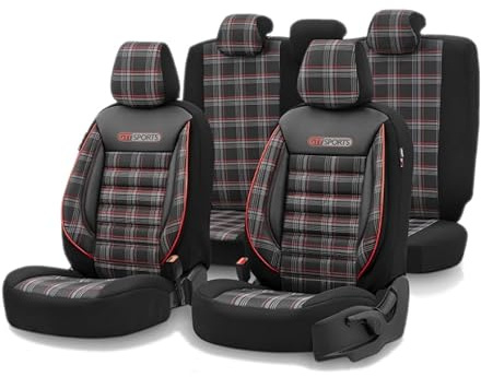 Easy Link Autositzbezüge Universal Komplett Set für PKW & SUV Auto Sitzbezug Vordersitze & Rückbank GTI Sports Sitzauflage Autoschonbezug (Schwarz & Rot)