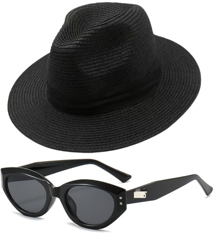 JynxtoyZeal Set Sombrero Panama de Paja de ala Ancha y Gafas de Sol para Mujer, Sombrero de Playa Plegable, Gafas de Sol UV400 Retro para Viaje, Verano y Exterior, Negro