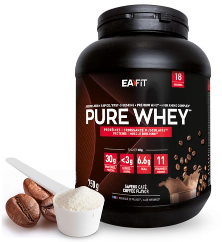 WHEY PROTEIN - Café- EAFIT - Marque Française N°1 en Nutrition Sportive - 31g de Proteine Whey - BCAA - Shaker Proteine - Pre Workout, Musculation - Protéines Whey - 750 g