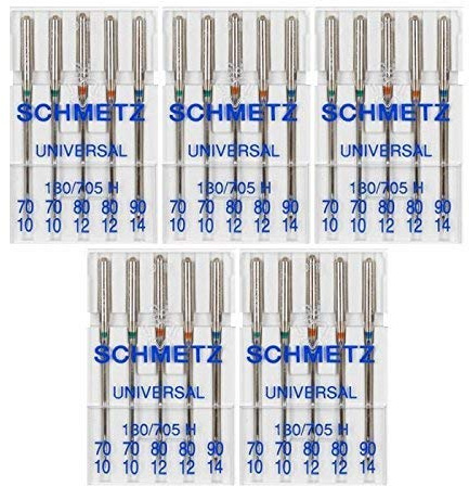 25 Schmetz blandade universella symaskinsnålar 130/705H 15 x 1H storlekar 70/10, 80/12, 90/14
