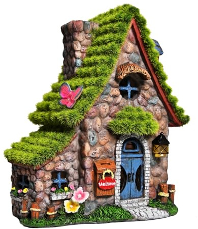 ASAWASA Resin Fairy House Statues with Solar Powered Lights, Funny Garden Sculptures with Flocked and Cobblestone Decor, Exquisite Garden Cottage Figurines