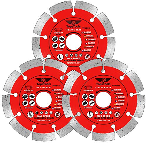 TopsTools 3pcs TTDS115_3 115mm x 22.23mm Segmented Diamond Cutting Discs | High-grade diamond construction provides fast, clean and durable dry cutting with no water cooling required