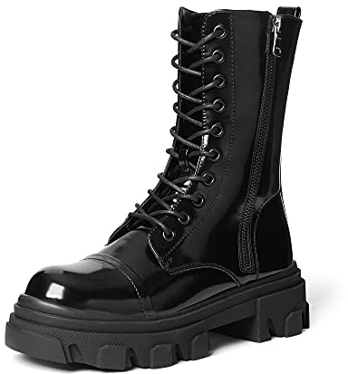 DREAM PAIRS Stivali da Combattimento da Donna con Lacci, Stivali a metà Polpaccio, Plateau Spesso Stivaletti da Equitazione con Tacco Basso,Size 38.5,Nero,DMB215