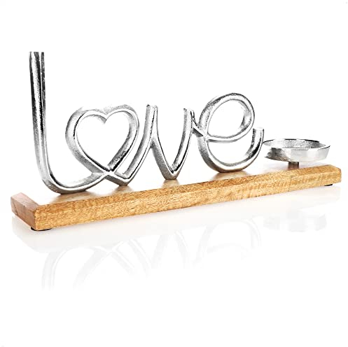 Com-four® Portavelas con Figura Decorativa - Fabricado en Aluminio Niquelado con Base de Madera de Mango - para Velas de Todo Tipo (Amor - L)